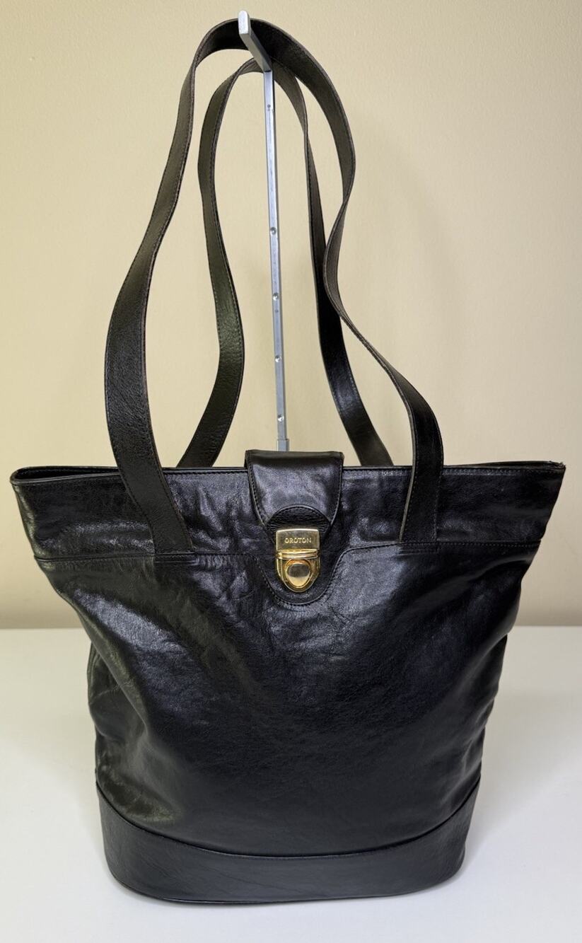 Vintage Oroton Dual Handle Tote Black Leather Gold Tone Push Snap Bucket Bag